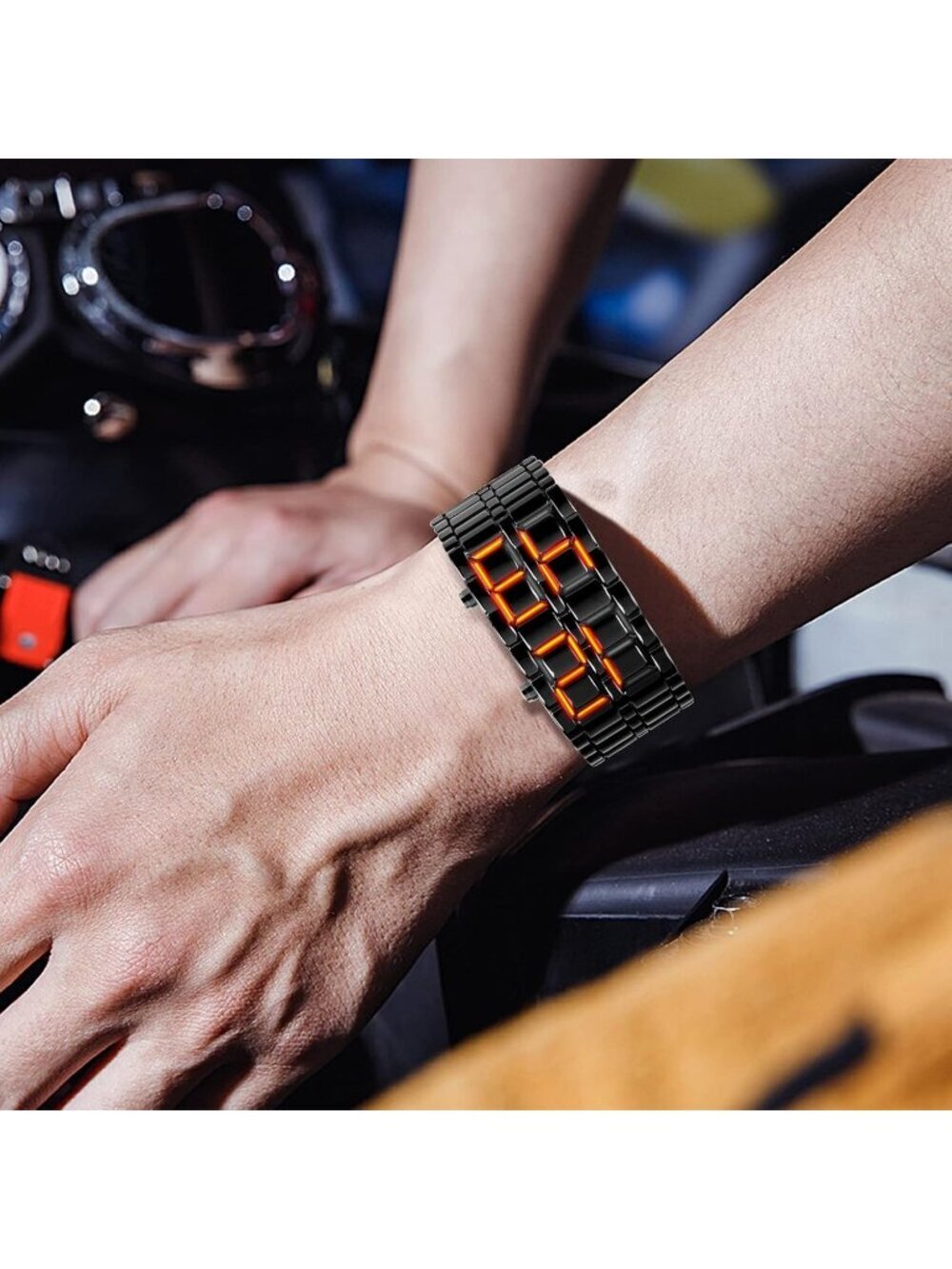Men's Black Red Analog Quartz Lava Style Stainless Steel Bracelet Digital Watch - Picture 6 of 6